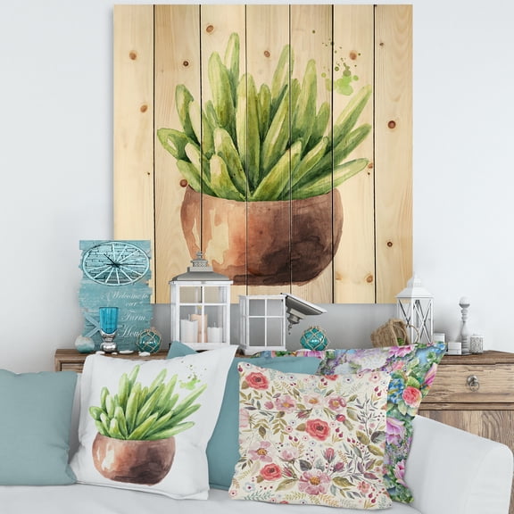 Designart 'Succulent Flower In Terracotta Clypot I' Traditional Print on Natural Pine Wood
