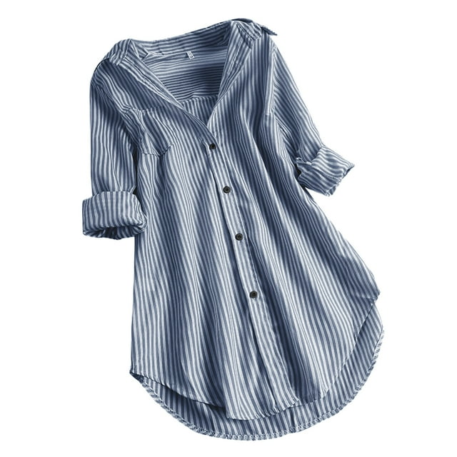 Timegard Womens Shirts Striped Long Sleeve Lapel v Neck Button up Tops Fall Casual Work Loose Blouse
