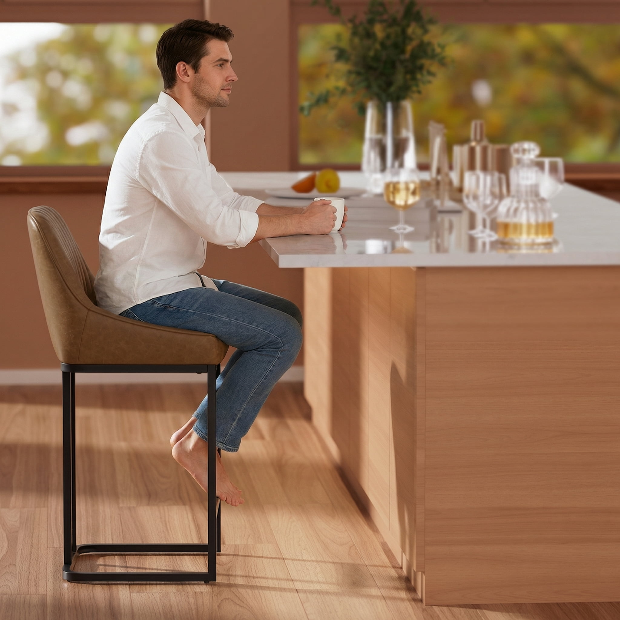 iooHug Bar Stools Set of 2, 24 Inch Counter Height Bar Stools with Back and Metal Frame, Upholstered Leather Barstools for Kitchen Island, Home Bar, Counter, Support 300 LBS, Brown