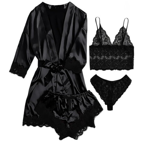 Sexy Lingerie  LOFIR Silk Satin Pajamas for Women  Womens Summer Pajamas Pjs Sets of 4 Pcs with Floral Lace Top Shorts and Robe  Gift for Women  Black  XL