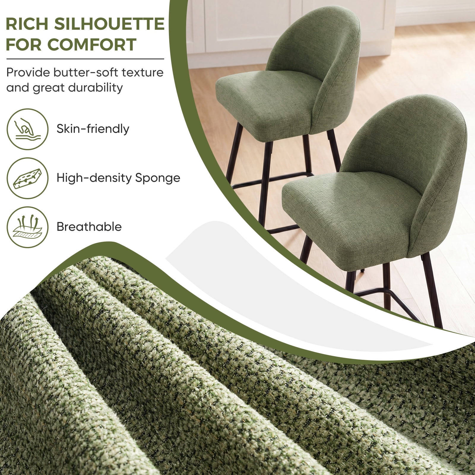 JULY'S SONG Counter Height Bar Stools with Back Sets of 4, 360°Swivel Upholstered Barstools with Metal Legs, 27" Seat Height Bar Stool for Kitchen Island, Green