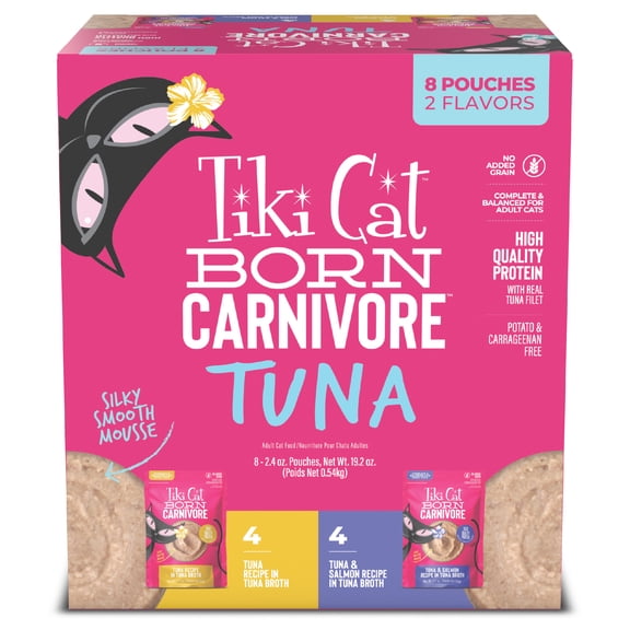 Tiki Cat Born Carnivore Wet Cat Food, Mousse Tuna Variety Pack, 2.4 oz. Pouch (8 Pack)