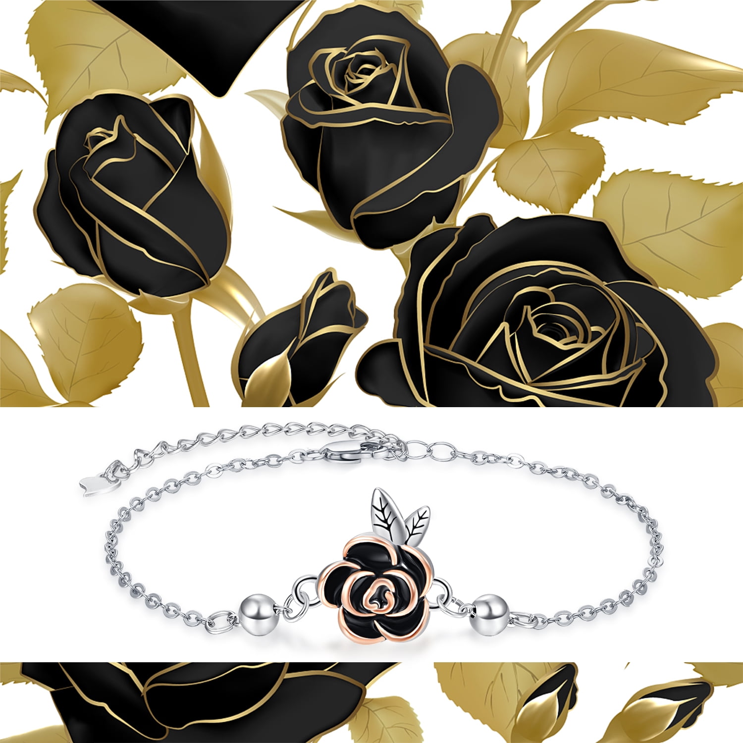 TANGPOET Rose Bracelet for Women Girls 925 Sterling Silver Bracelets Jewelry Gifts for Mom Daughter Sister Best Friend Charms 7+2inch Adjustable