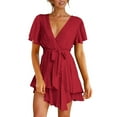 thumbnail image 2 of USSUMA Dresses For Women Party Casual,Women's Summer Dress Deep V-Neck Short Sleeve Waist Tie Ruffle Mini Swing Skater Dresses, 2 of 8