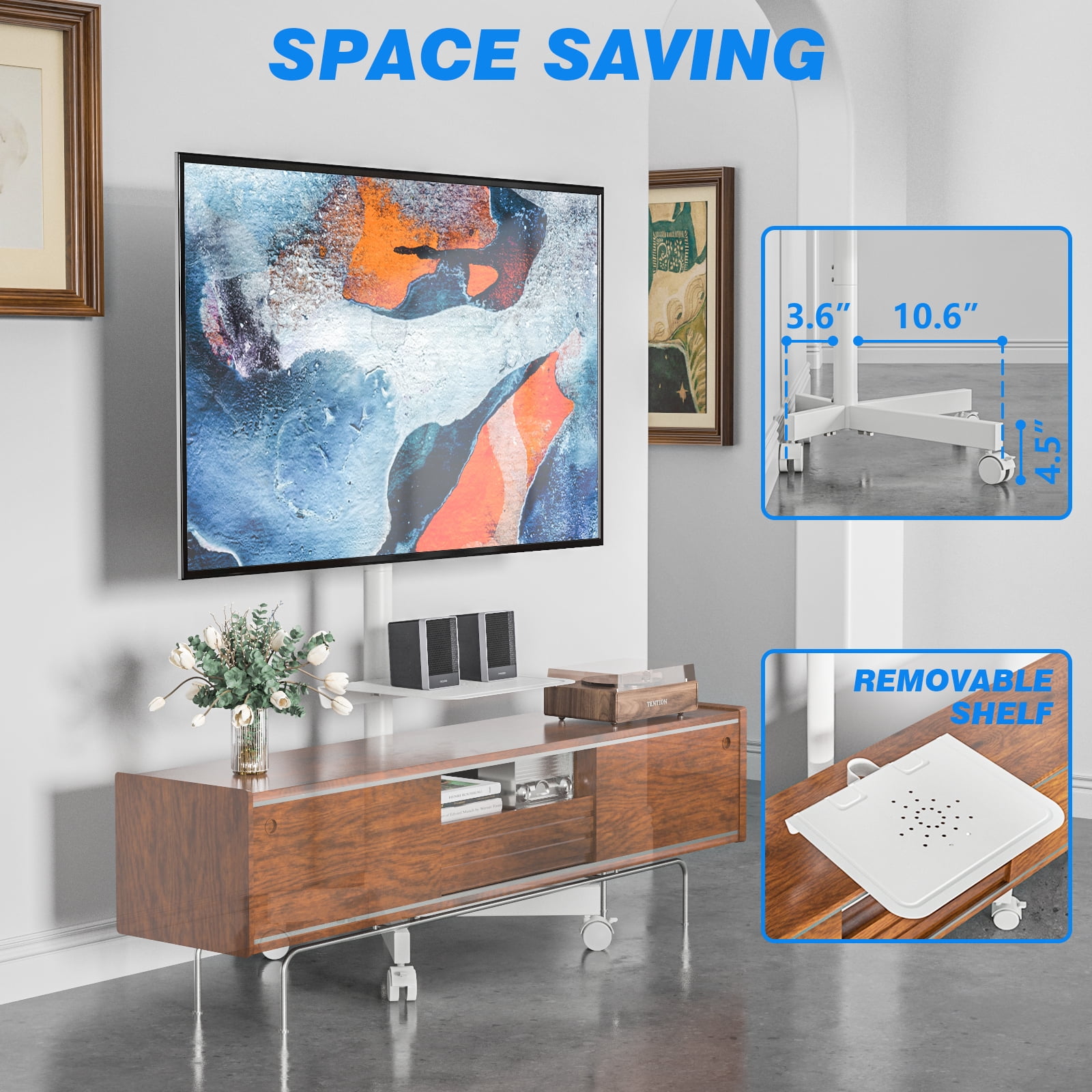 TAVR Furniture Modern Rolling TV Stand, Mobile TV Cart with Shelf for 23 to 60 inch Flat TVs, White