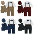 thumbnail image 3 of KYAIGUO Baby Boys Dress Clothes Formal Wedding Outfits Toddler Detachable Suspender Pants+ Bow Tie + Shirt+hat+vest 5-Piece Infant Gentleman Suits, 3 of 8