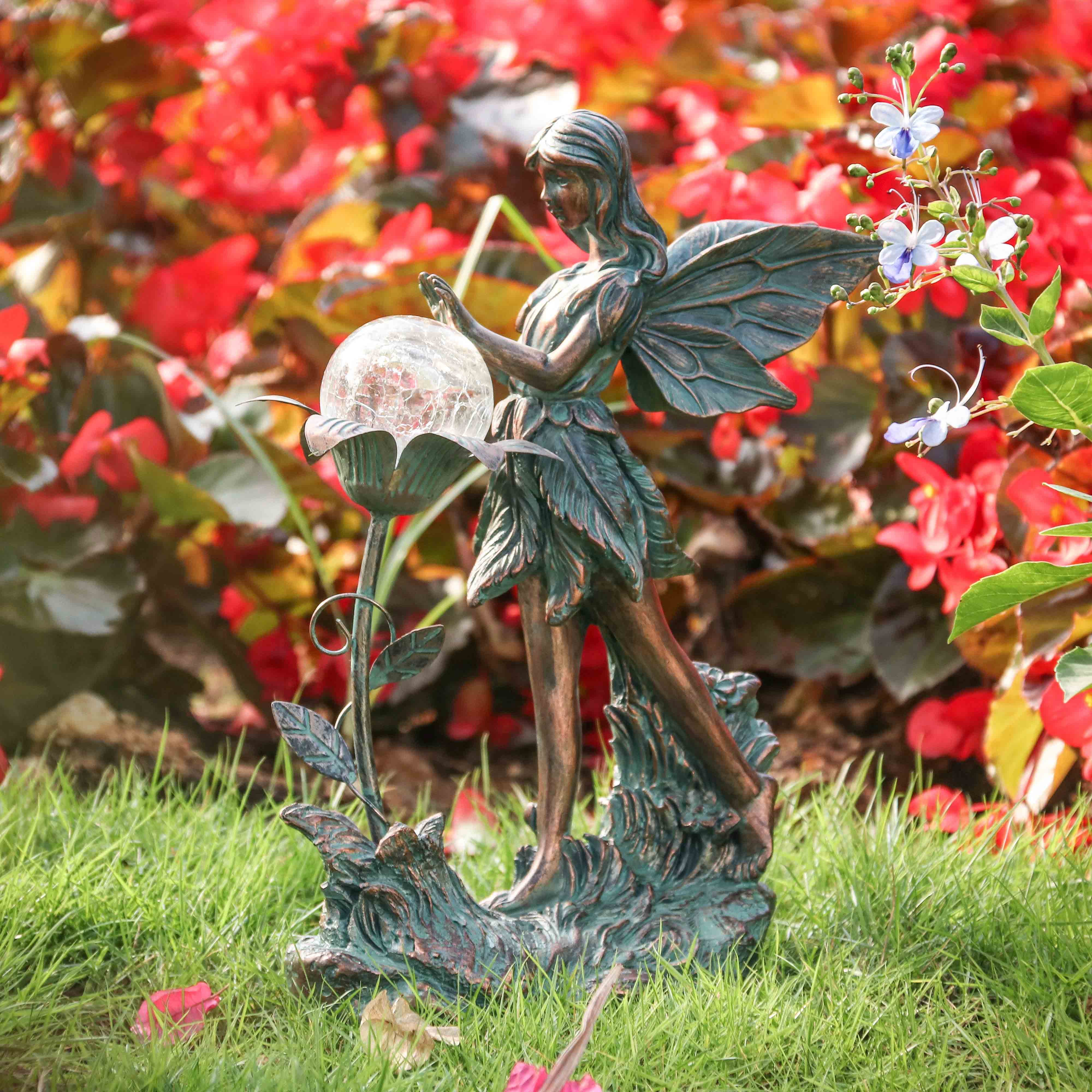 TERESA'S COLLECTIONS Garden Fairy Large Bronze Garden Sculptures & Statues Resin with Solar Outdoor Light, 11"