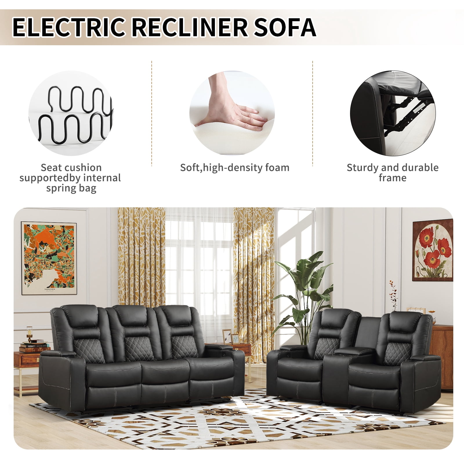 Bonzy Home Electric Power Recliner Chairs Sofa Set Theater Seating with Console Living Room Furniture Set, Cup Holders, Hidden Arm Storage, USB Ports Black