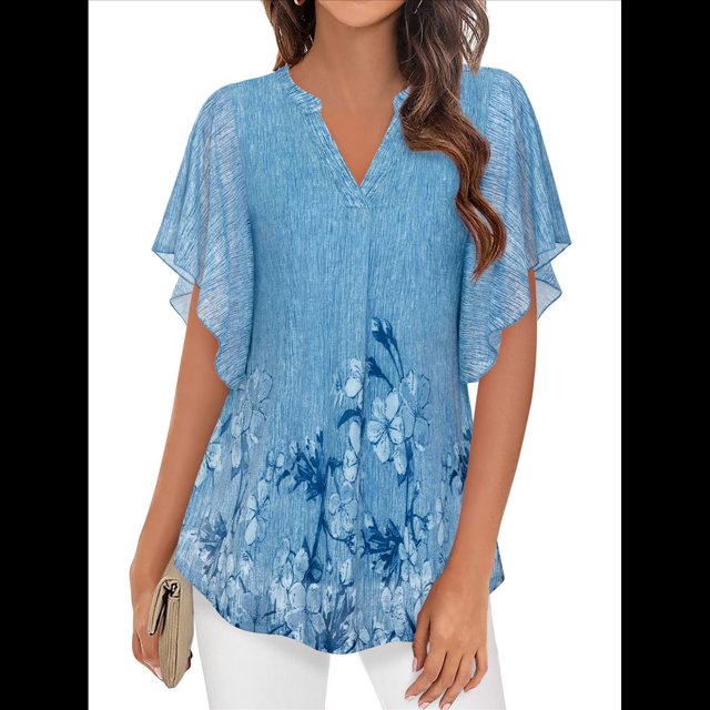 Blusas de Corta con Cuello en V para Mujer, Blusas Florales de Doble Capa de , Túnicas, Tops Flor Azul Grisácea L