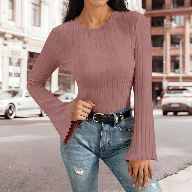 Daiosportswear Chemises à Manches Longues Côtelées pour Femmes, Hauts Ajustés à Col Rond en Coton, Tricot Extensible, Couche de Base Décontractée, T-Shirts Basiques Marron m(m)