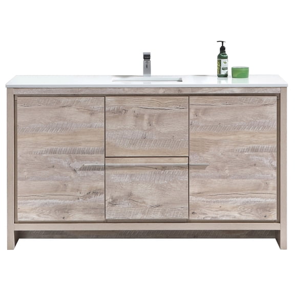 KubeBath Dolce 60″ Nature Wood Modern Bathroom Vanity, White Quartz Counter-Top