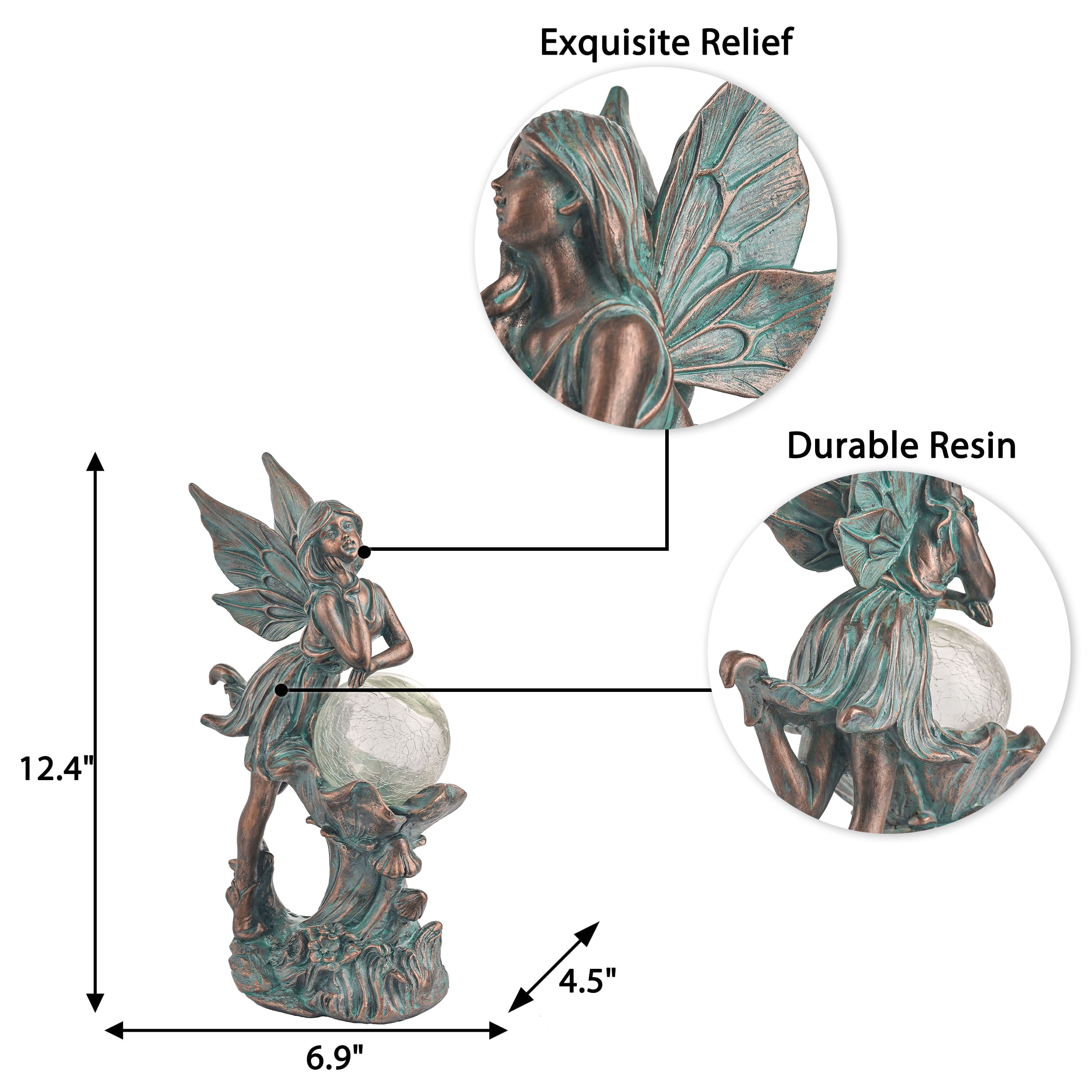 TERESA'S COLLECTIONS 12.4" Fairy Garden Statue with Solar Light, Patina Bronze Resin Sculpture with Crackle Glass