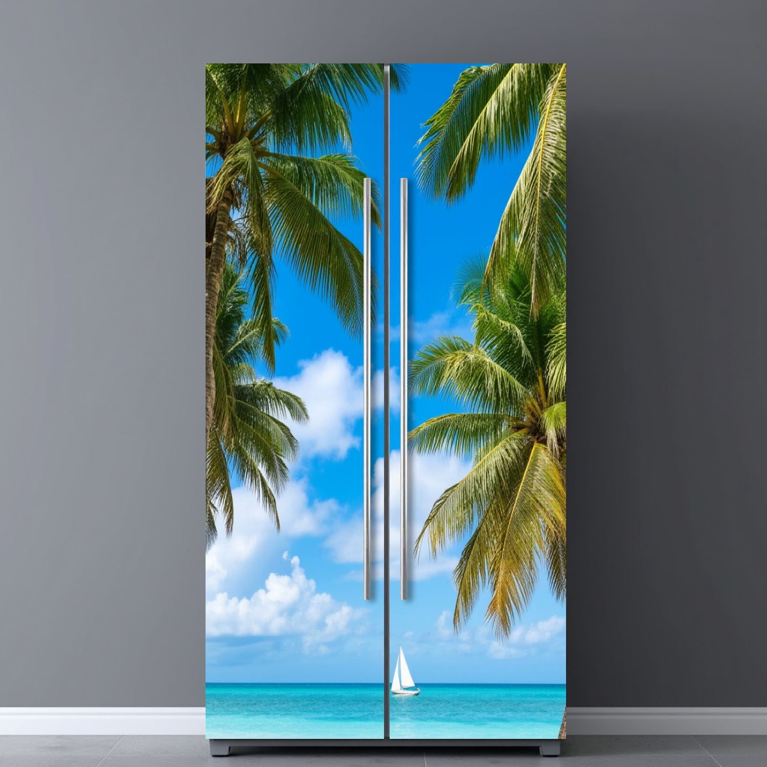 Self Adhesive Vinyl Refrigerator Wrap Set paradise tropical beach palm Door Mural Removable Fridge Sticker Peel and Stick&nbsp;Full Door Cover Decal Kitchen Bar Decor