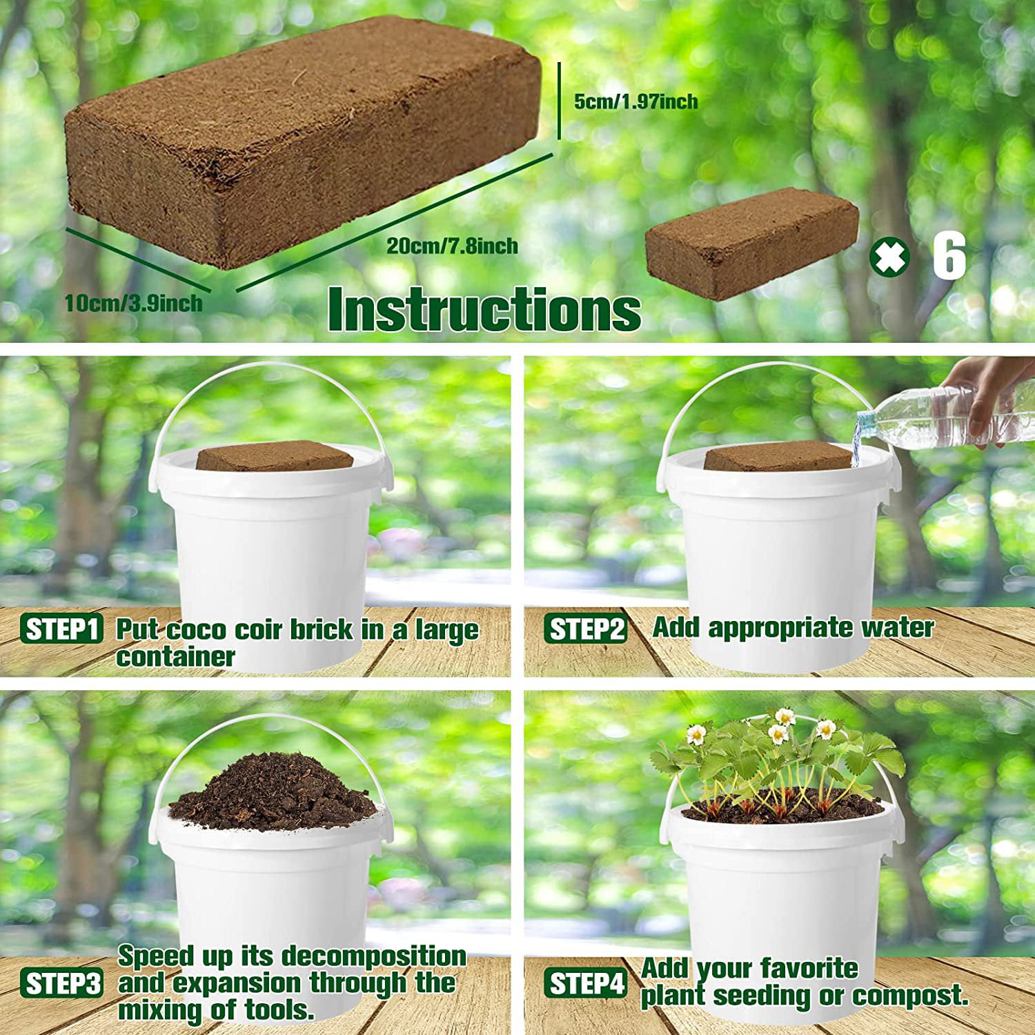 ZeeDix 4 Pcs 100% Organic Coco Coir Brick Coconut Coir Bricks for Plants Gardening Herbs, Size: 8 x 4 x 2