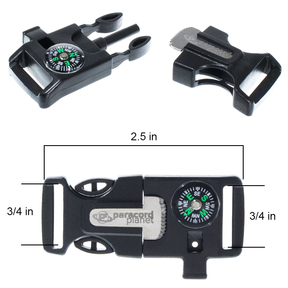 Paracord Planet 3/4 Inch Engraved 4 in 1 Fire Starter Whistle Compass Utility Buckle - Multiple Pack Sizes - Perfect for Backpack Straps, Camping, Hiking