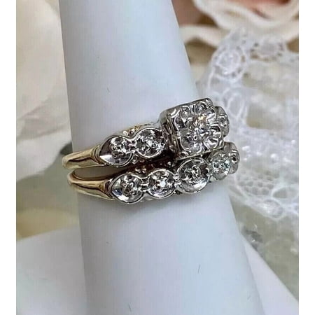 OM Jewels Women's Vintage Two Tone Wedding Engagement Bridal Ring Set 14K Gold Finish Silver