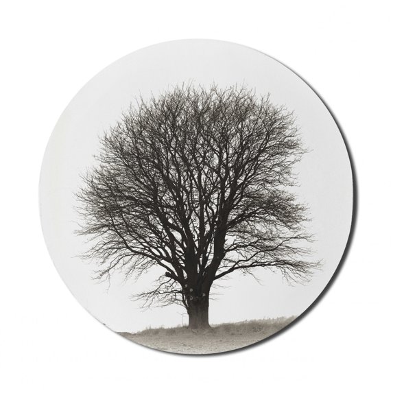Grey Mouse Pad for Computers, Photo of a Big Tree on a Field Branches Fall Season Monochromic Landscape Artwork, Round Non-Slip Thick Rubber Modern Mousepad, 8" Round, Beige Black, by Ambesonne