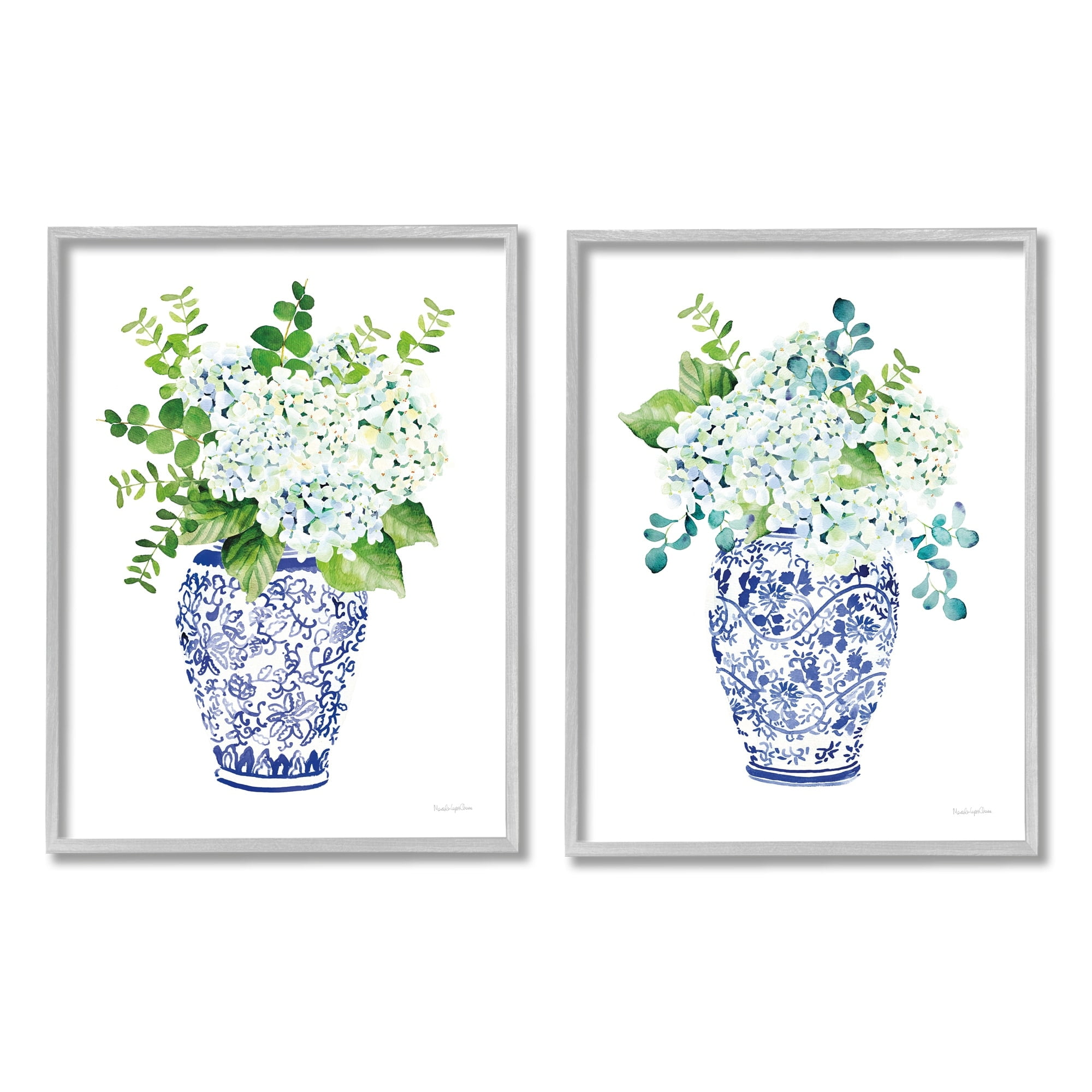 Stupell Industries Blue Floral Bouquets Lush Green Botanicals Ornate Pot, 11 x 14,Design by Mercedes Lopez Charro