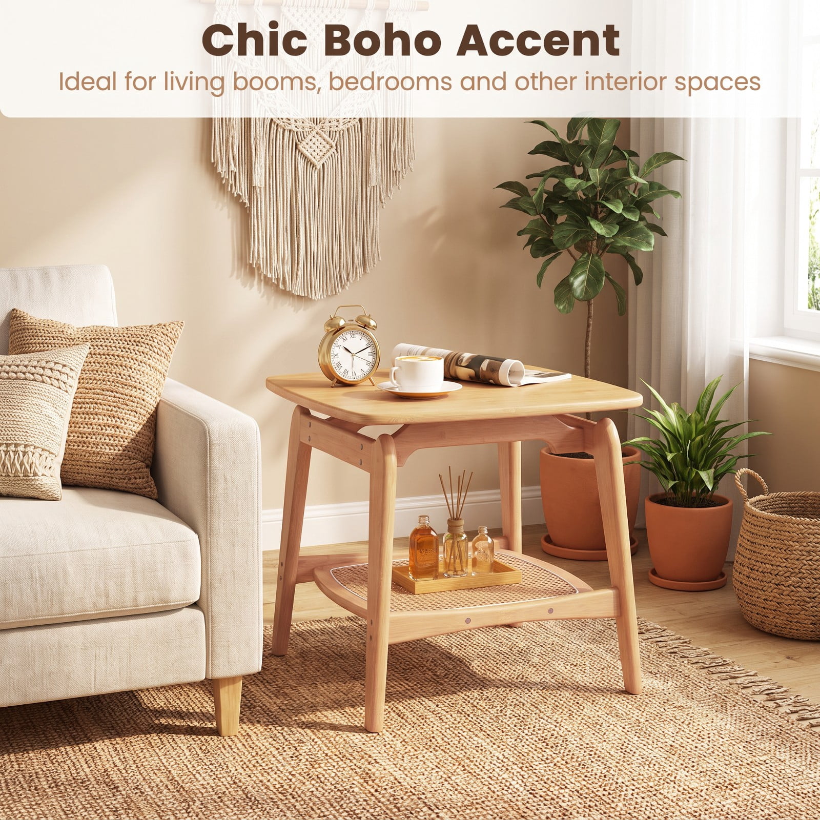 Furnibear Boho Bamboo Sofa Side Table with Faux Rattan Storage Shelf and Curved Frame for Living Room Bedroom and Study, Natural