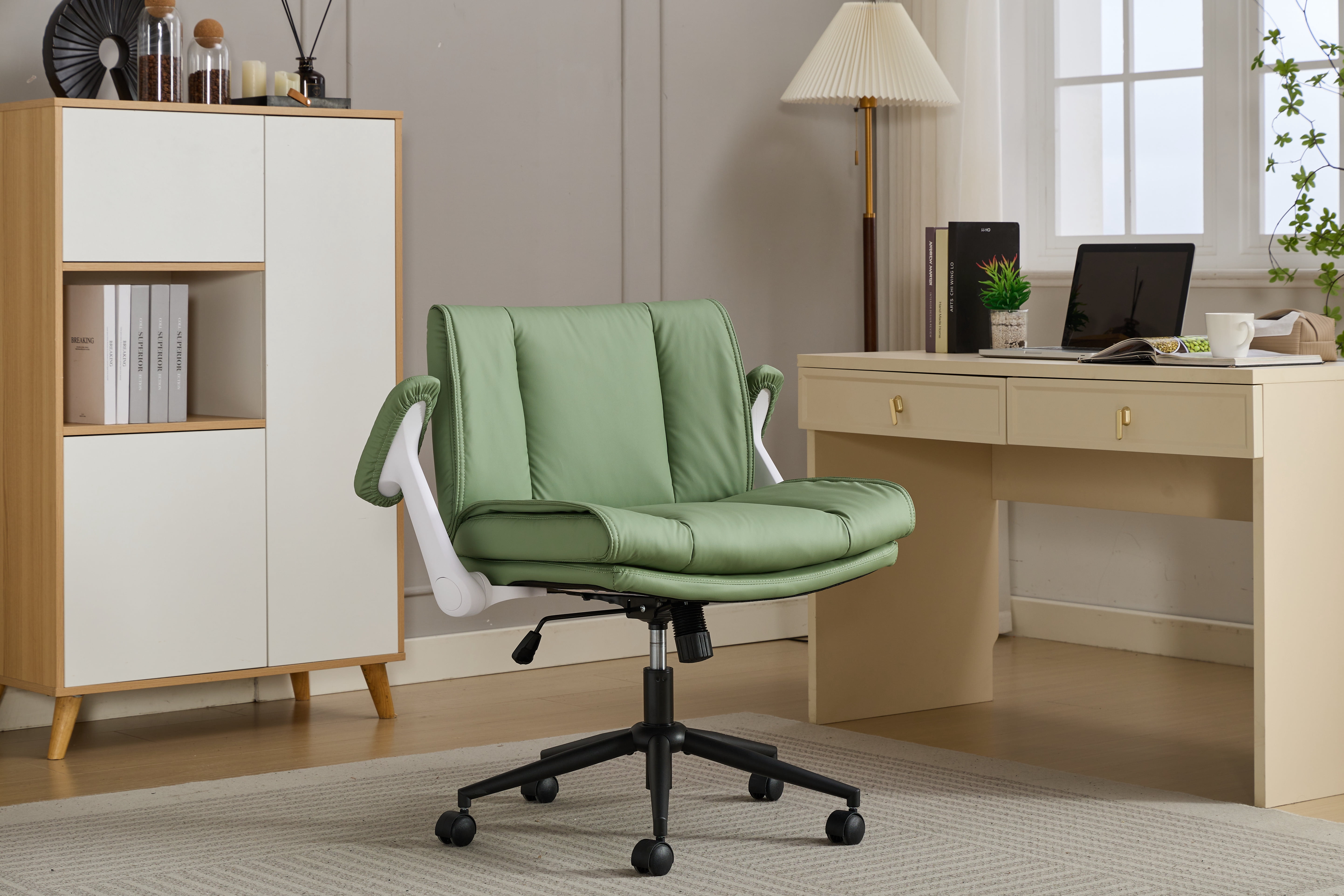 Faux Leather Cross Legged Office Chair with Flip-Up Armrests, 360° Swivel Height Adjustable Ergonomic Desk Chair 90°-120° Reclining for Home Office Vanity, Supports 300LBS