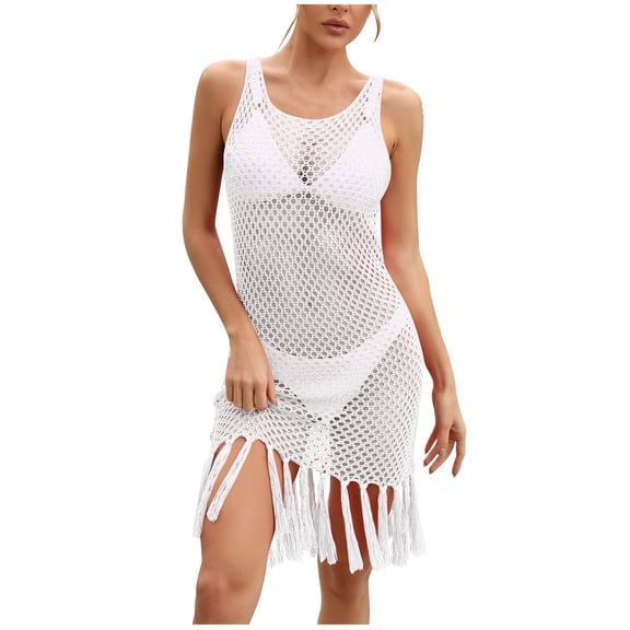 Alkepwun Cover Ups for Swimwear Women Sexy Openwork Mesh Tank Dress Beach Sleeveless Sheer Cover Up with Tassel Fringe Hem