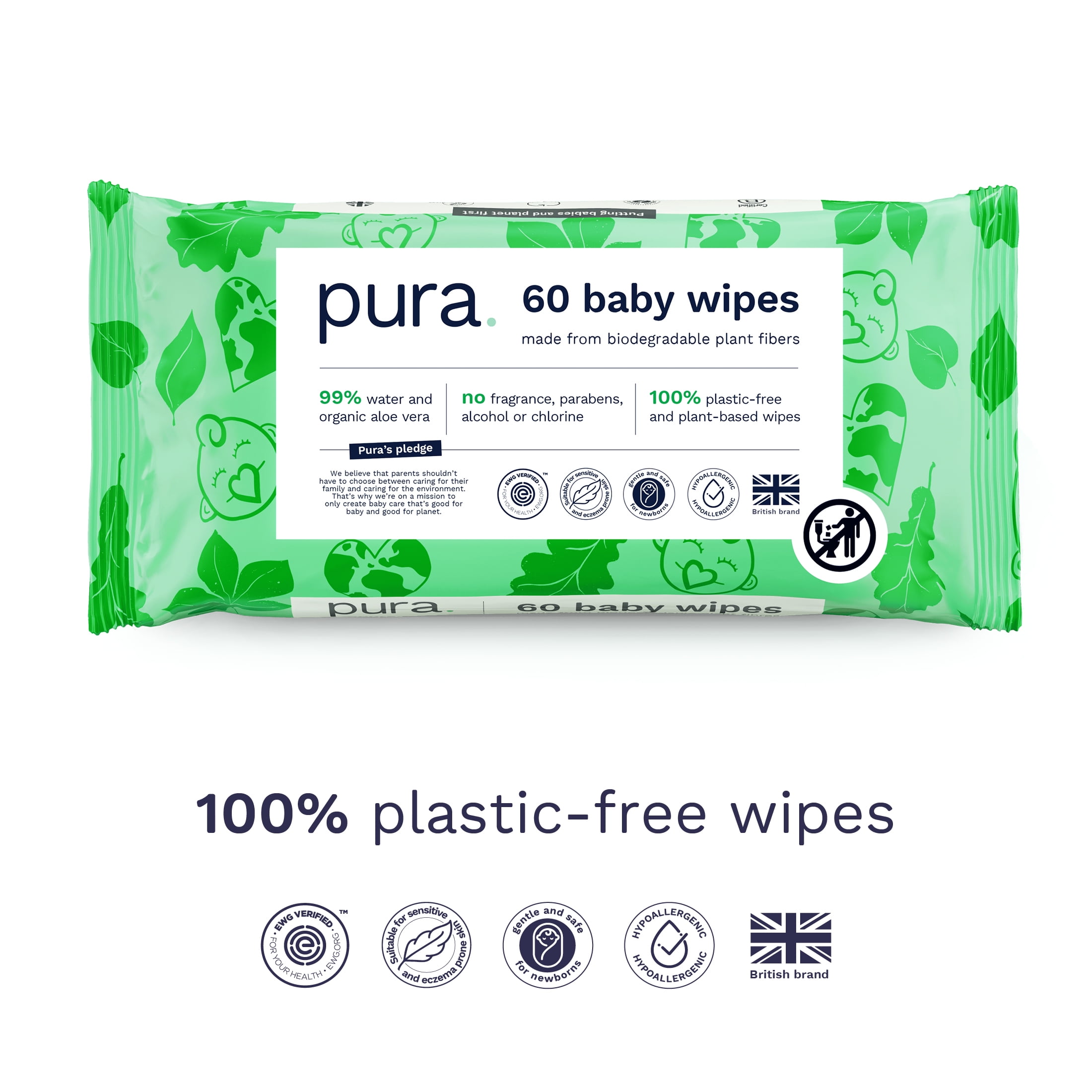 Pura Fragrance Free Sensitive EWG Verified Plastic Free Wipes, 180 Count (Choose Your Count)