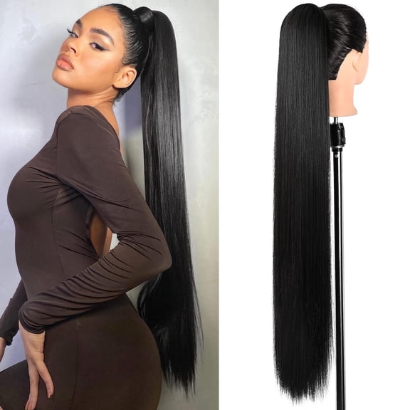 Synthetic 36 Inch Long Straight Drawstring Ponytail Hairpieces Fake PonyTails Natural Soft Clip in Hair Extension for Women Girl