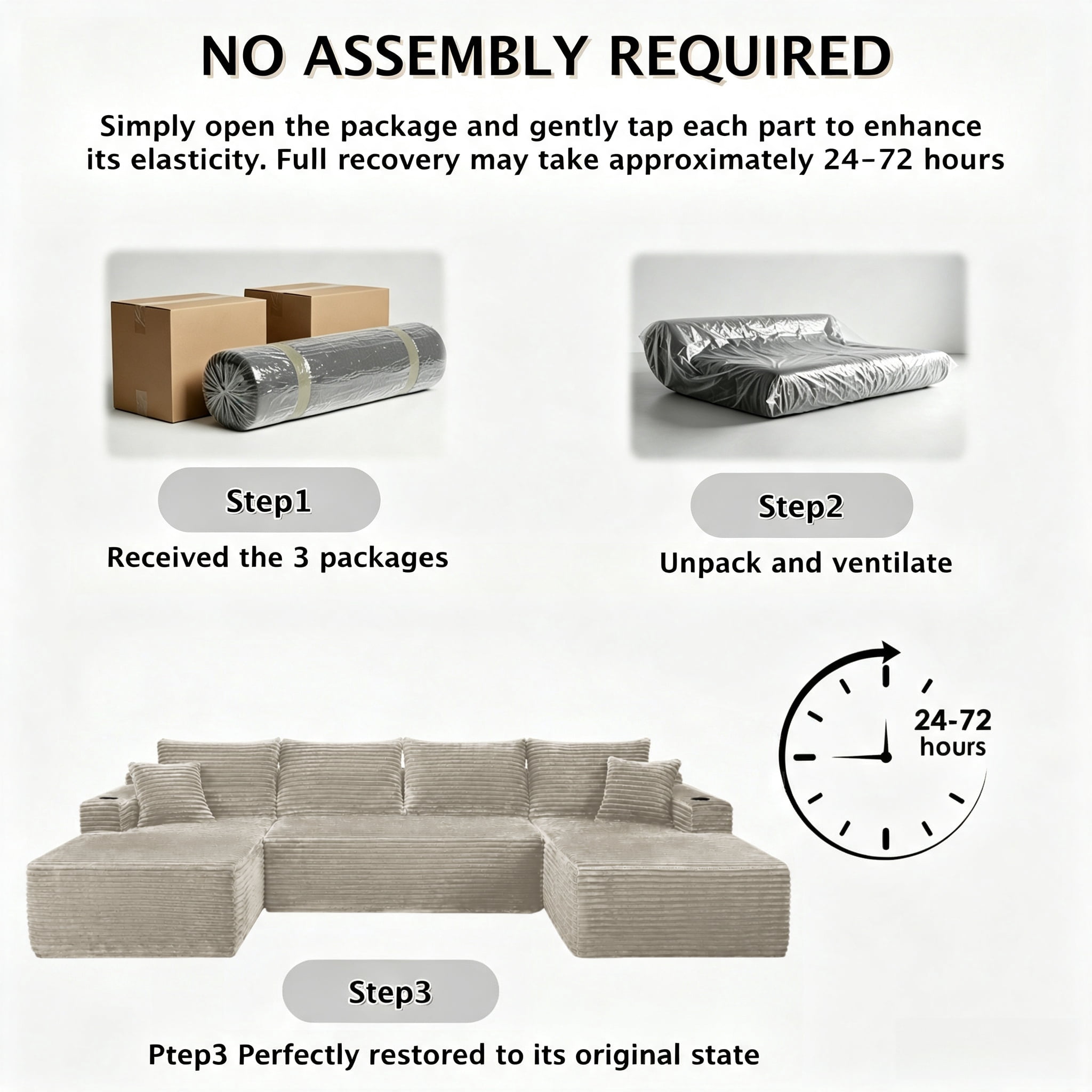 ShiKeyi 134" Modular U-Shaped Cloud Sofa, 5 Seater Corduroy Sectional Couch with Deep Seats Double Chaise & Soft Boneless Design, Camel
