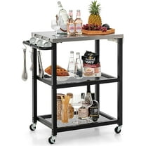 ZOPan Outdoor Grill Cart - Movable Pizza Oven Stand with Stainless Steel Top, 2 Storage Shelves, 9 Hooks, Food Prep Cooking Table with Lockable Wheels, Dinning Serving Cart for Kitchen BBQ Party