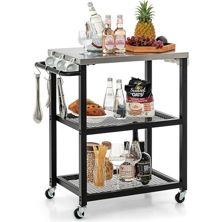 ZOPan Outdoor Grill Cart - Movable Pizza Oven Stand with Stainless Steel Top, 2 Storage Shelves, 9 Hooks, Food Prep Cooking Table with Lockable Wheels, Dinning Serving Cart for Kitchen BBQ Party