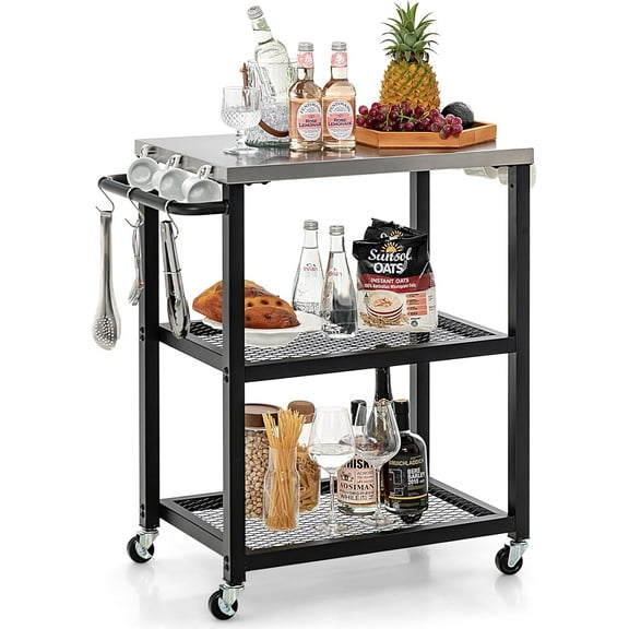 ZOPan Outdoor Grill Cart - Movable Pizza Oven Stand with Stainless Steel Top, 2 Storage Shelves, 9 Hooks, Food Prep Cooking Table with Lockable Wheels, Dinning Serving Cart for Kitchen BBQ Party