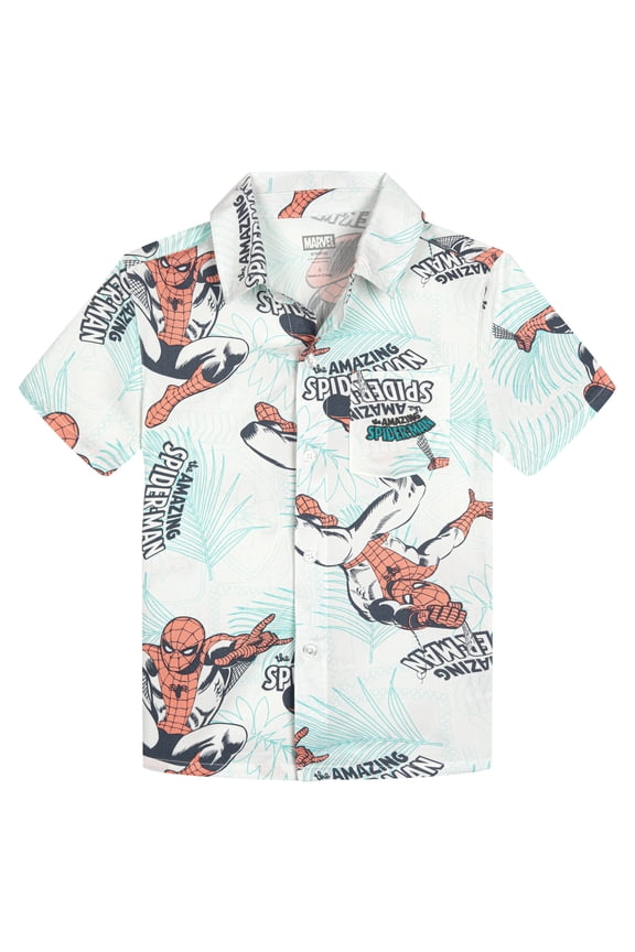 Spider-Man Little Boys' Hawaiian Short Sleeve Button Down Shirt Spider Man Ivory