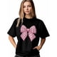 thumbnail image 1 of Camiseta de mujer, camisetas de manga corta, camisetas casuales, camiseta de cuello redondo con lazo a cuadros rosas para mujer, 1 of 8