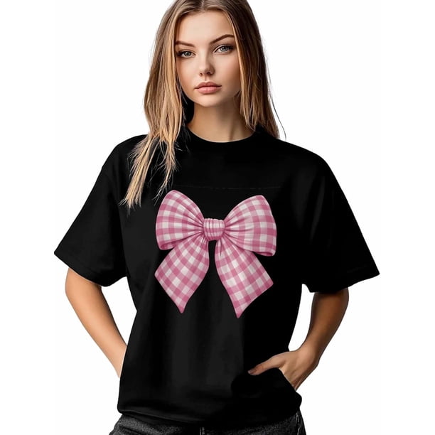Camiseta de mujer, camisetas de manga corta, camisetas casuales, camiseta de cuello redondo con lazo a cuadros rosas para mujer