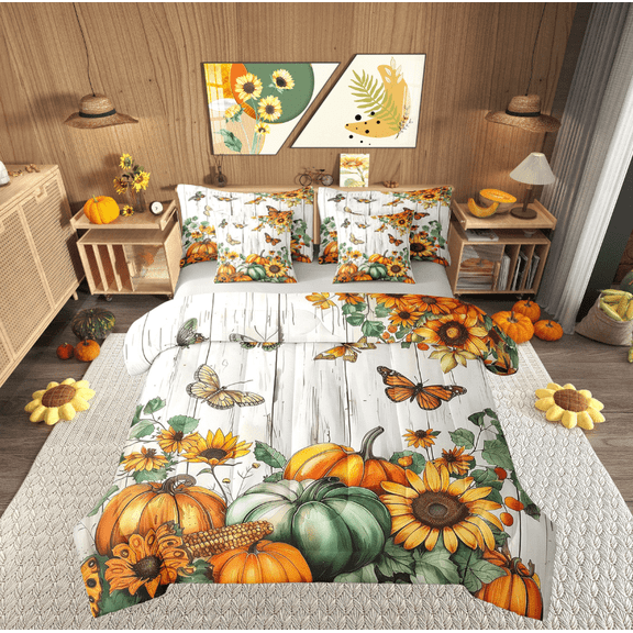Manfei Autumn Pumpkin Bedding Twin Size, Vibrant Sunflower Bed Set, Rustic Farmhouse Reversible Bedding Sets Twin Size, Breathable Bedroom Decorative, 7pcs