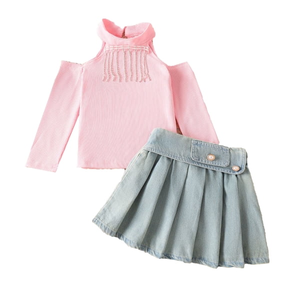 Toddler Girl Outfits Fringe Graphic Print Halter Neck Long Sleeve Off-Shoulder Top And Pleated Skirt 2 Piece Casual Wear Girls' Clothing Sets 4 Years-5 Years