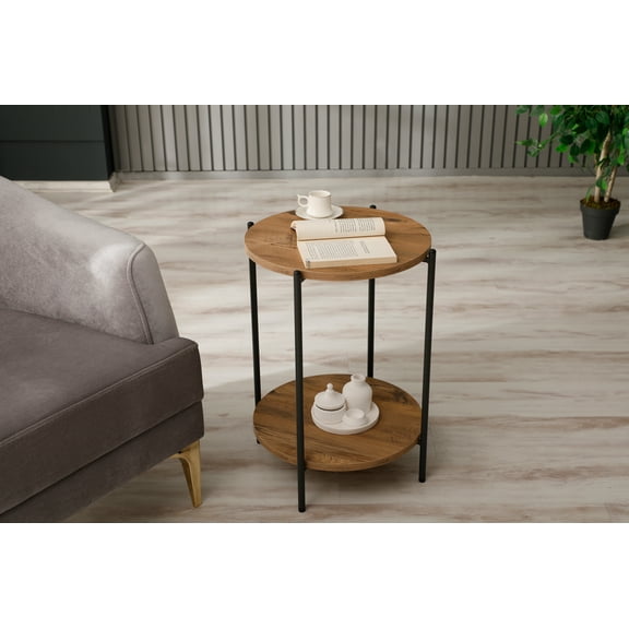 ABAHome Pera Round End Table Two-Tier Coffee Table 17 1/2 " by 25 " height for Living Room, Bedroom, Office, Steel Frame, Rustic Brown and Anthracite