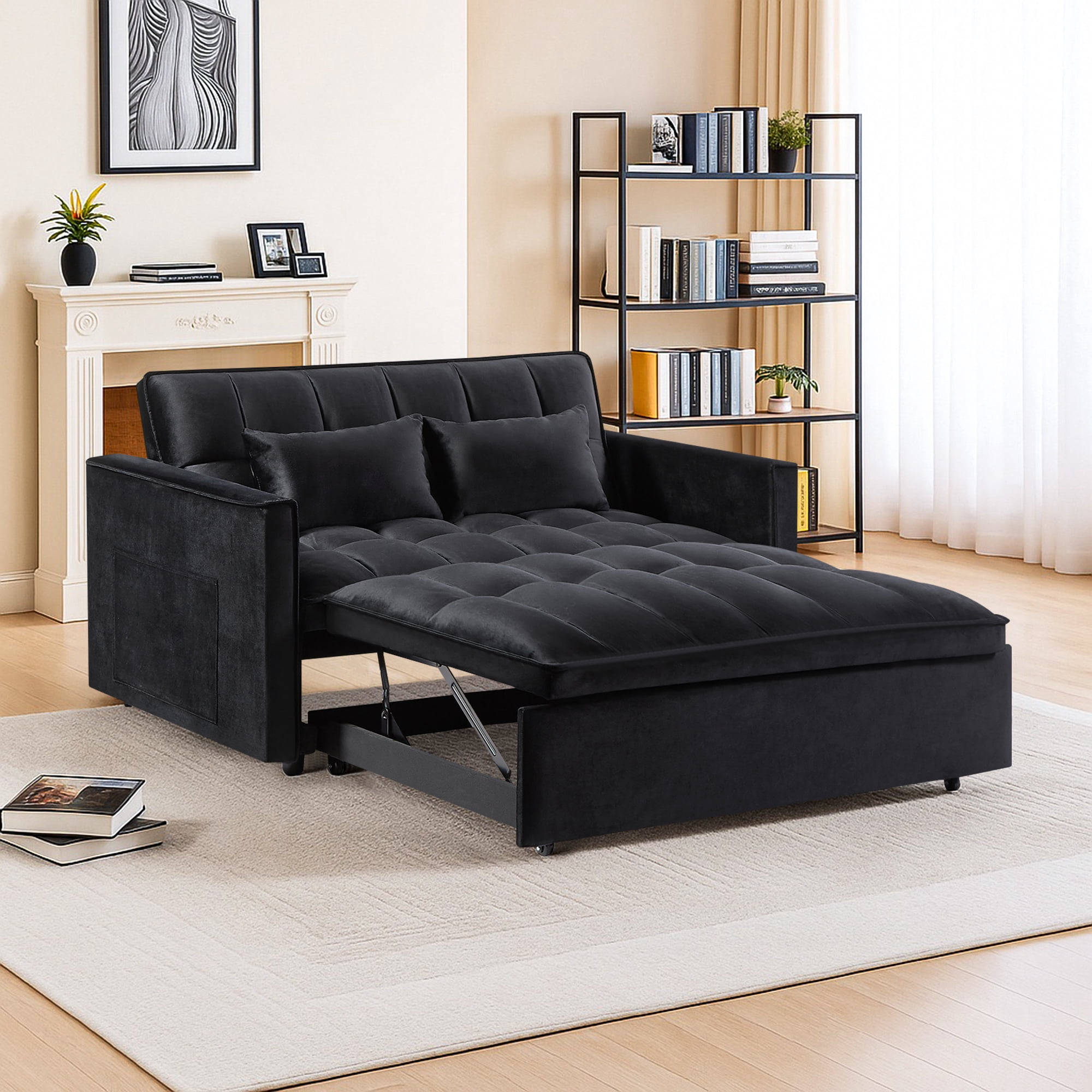 Hommoo Versatile Velvet Loveseats Reversible Pull Out Futon Couch,3 in 1 Sleeper Sofa Bed for Living Room, Black