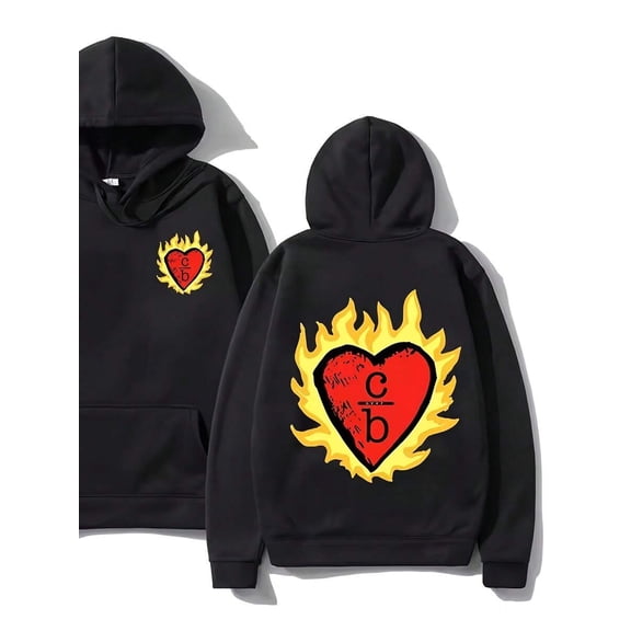 [Men's Hip-Hop Hoodie] 's 2025 Street Hip-Hop Style "One Tree Hill" Graphic Print Polyester Hoodie| Long Sleeve, Loose Fit, Comfortable For Spring & Fall, Graphic Hoodie With Red Heart & Yellow Flame