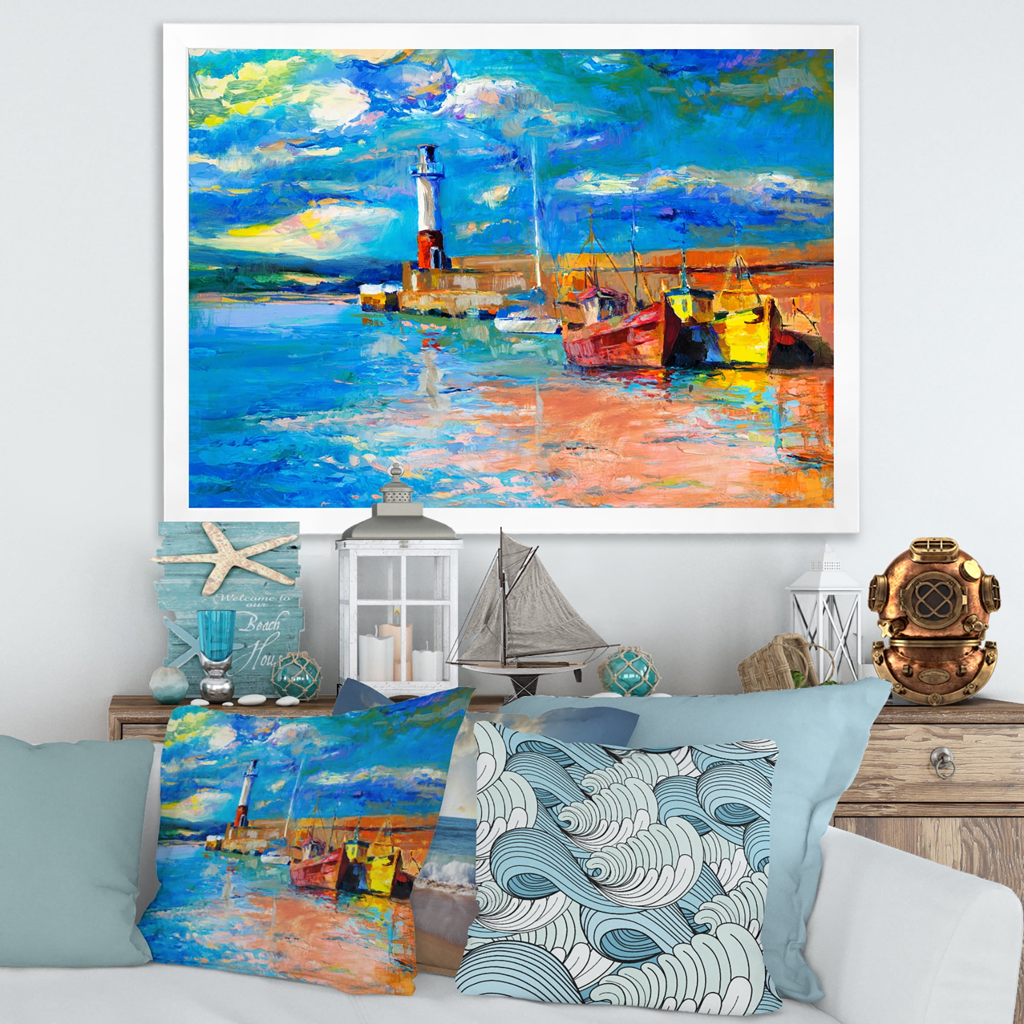 Designart 'Lighthouse By The Shore In Evening Glow ' Nautical & Coastal Framed Art Print