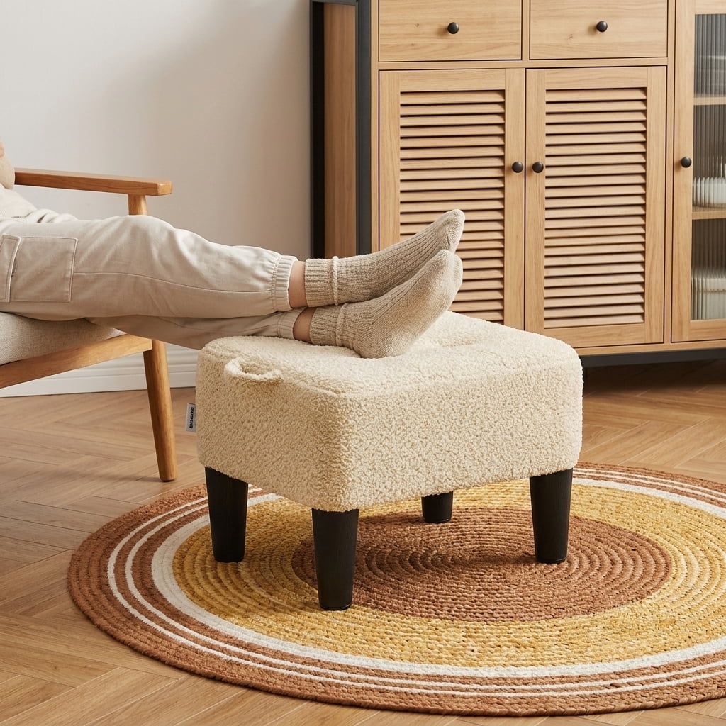 Ledrem Small Ottoman Foot Stool with Thick Cushion, Sand Teddy Fleece