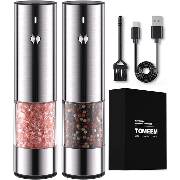 TOMEEM Electric Salt and Pepper Grinder Set Stainless Steel Automatic One Hand Operation Adjustable Coarseness Mill Grinders Shakers & LED Light Refillable