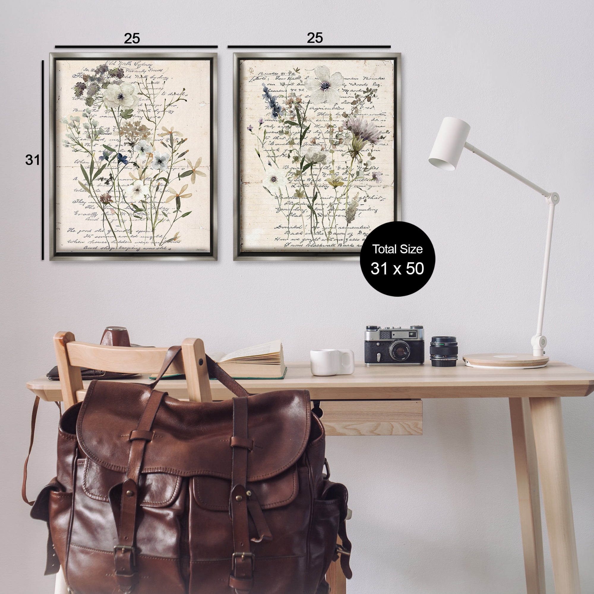 Stupell Industries Vintage Letters with Botanicals Plants & Flowers Painting Gray Floater Framed Canvas Art Print Wall Art, 31 x 25, Set of 2
