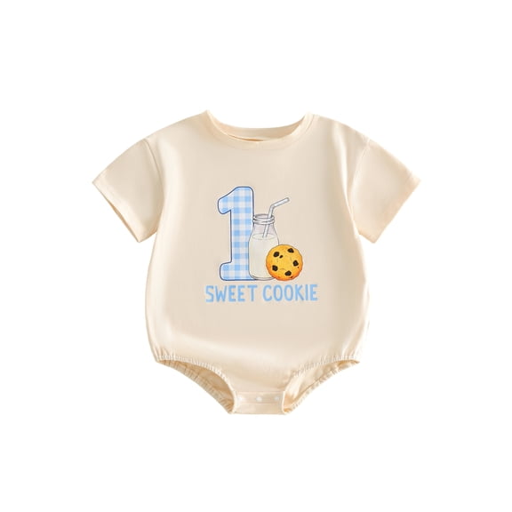 BemeyourBBs Baby Boy First 1st Birthday Outfit One Years Old Birthday Clothes Summer Bubble Romper Milk and Cookie Print Short Sleeve Bodysuit Playsuit