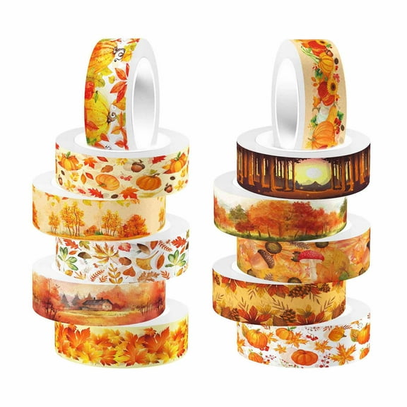 12 Rolls Thanksgiving Fall Watercolor Tapes Colorful Autumn Pumpkin Maple Leaves Tree Mushroom Patterned Masking Tape Decorative Tape for Fall Scrapbook Journal DIY Craft Gift Wrapping 0.6Inch