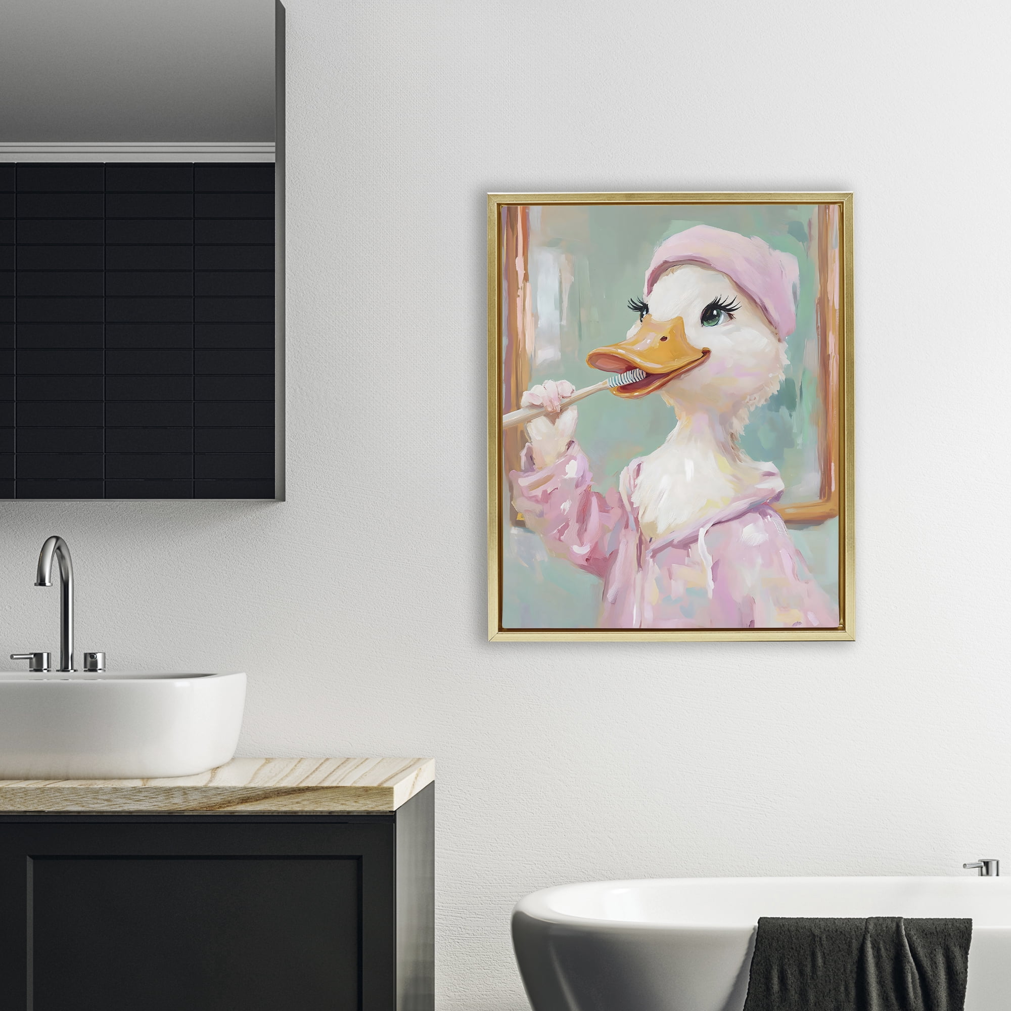 Stupell Industries Duck Brushing Teeth Gold Framed Floater Canvas Wall Art, design by The Prints Vibe