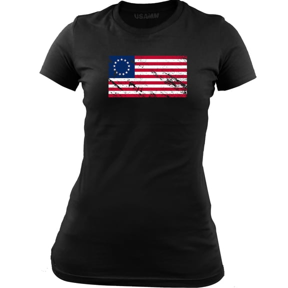 Women's Distressed Betsy Ross US Flag T-Shirt (2XL, Black)