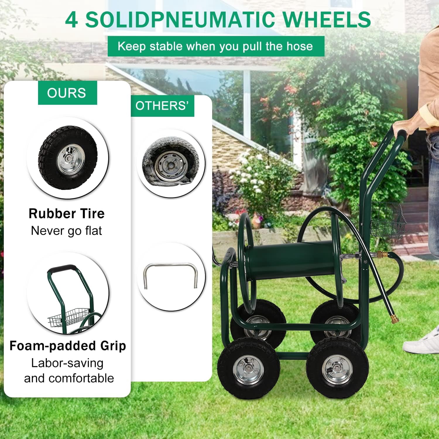 Dkelincs Garden Hose Reel Cart with Wheels 300 Ft of 5/8 in×6Ft Steel Portable Water Hose Reel with Storage Basket, Green