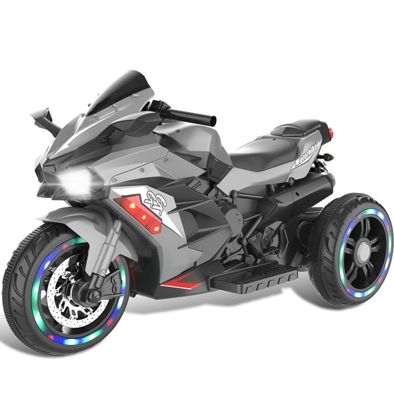 TECHVIDA 12V Kids Motorcycle Ride On with 3 Wheel,Electric Motorcycle for Kids,LED Tire and Bluetooth, Music,Gray