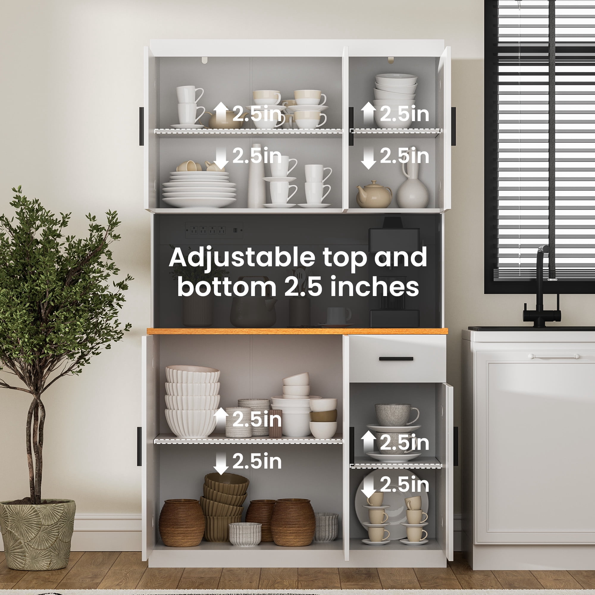DIYART White Kitchen Pantry Cabinet, 71" Tall Kitchen Storage Cabinet with 6 doors and Power Outlet